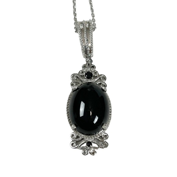 Sterling Silver 925 Black Onyx Cabochon Pendant Necklace Scroll Filigree New - Picture 1 of 13